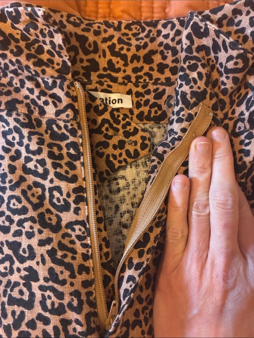 Ref 100% linen leopard print high rise belted paper bag waist wide leg crop pant